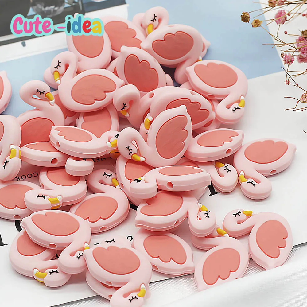 Cute-Idea 10PCs Silicone Mini Flamingo Beads Teething Chewable Pacifier Chain Handmade Accessories DIY Teether Baby Product cute idea 10pcs bear silicone beads animal cartoon bpa free handmade chewable sensory pacifier clip for baby toys baby teether