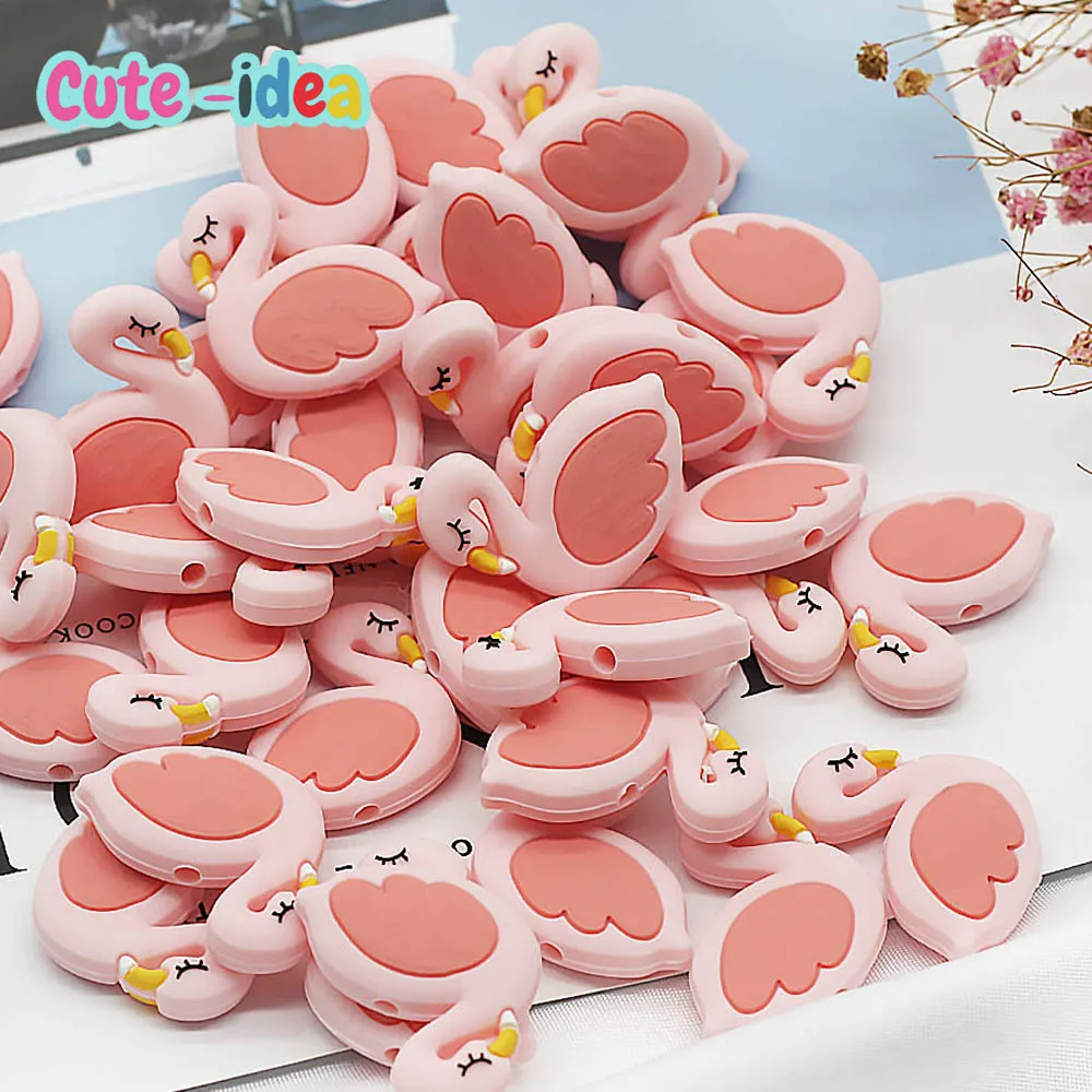 Cute-Idea 10PCs Silicone Mini Flamingo Beads Teething Chewable Pacifier Chain Handmade Accessories DIY Teether Baby Product cute idea 10pcs mini bear silicone beads bpa free cartoon baby teething toys diy pacifier chain baby products accessories