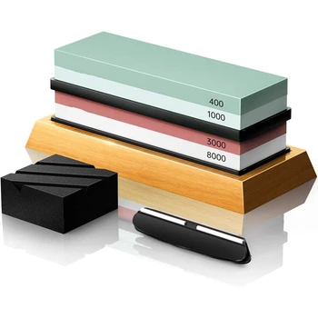 

Knife Sharpening Stone Set,400/1000 and 3000/8000-Grit,Whetstone Set,Honing Guide,Bamboo Base,Rubber Bases