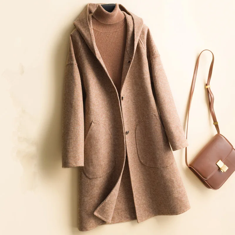 

High Quality Classic Solid Long Wool Jacket Women 2020 Autumn Winter Loose Houndstooth Double Sided Wool Jacket Female Outerwear