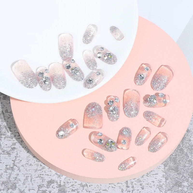 24Pcs Wedding Rhinestone False Nails Square Full Short Fake Nails Bride