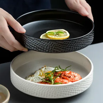

Household deep soup dish creative salad tray western food dinner plate relief hammer eye pattern ceramic tableware YHJ022403