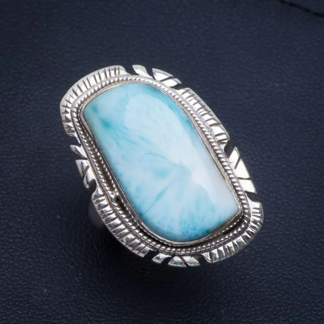 

Natural Caribbean Larimar Handmade Unique 925 Sterling Silver Ring 8 B1030
