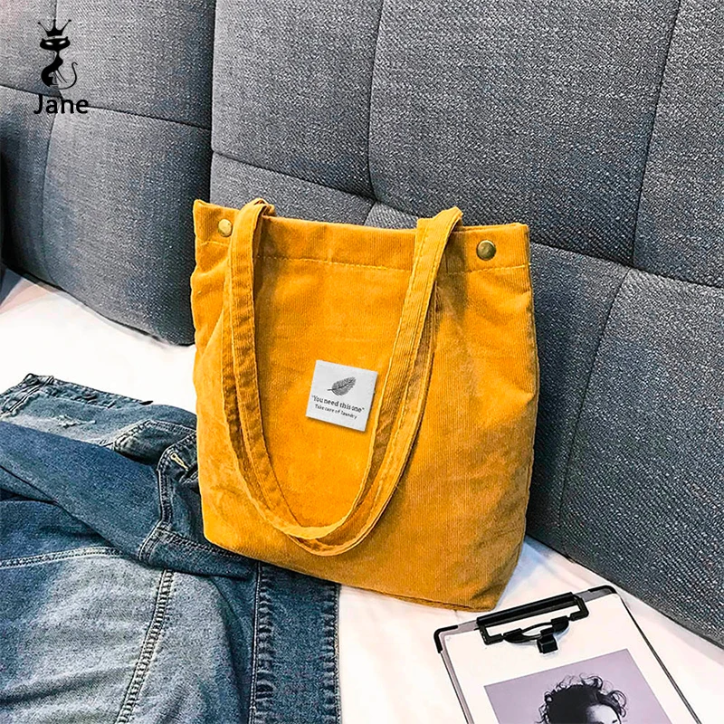 

Corduroy Women Shopping Bag Female Canvas Cloth Shoulder Bag Environmental Storage Handbag Reusable Foldable Eco Grocery Totes
