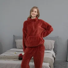 

Pajamas Winter Coral Fleece Women Sleepwear Plus Size Flannel Pyjamas Thick Warm Homewear 2Piece /Set Long Sleeve Home Suit