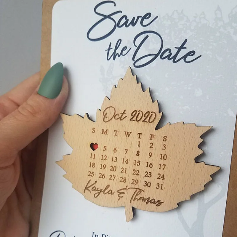 Leaf Shape Save the Date Heart Wood Dates Calendar Magnet Wedding Favors Rustic Wooden | Дом и сад