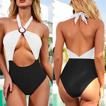 

new 2020 sexy one piece swimsuit Black and white bikini halter bathing suit Backless women summer plue size pool swimwear