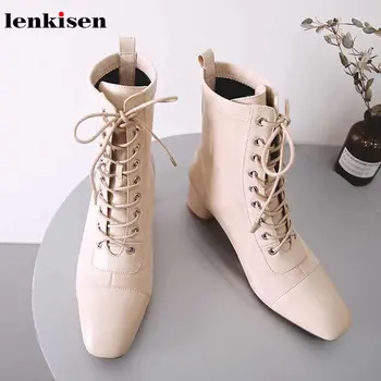 

Lenkisen hot patchwork cow leather sheep suede square toe high heels lace up winter fashion streetwear women ankle boots L28