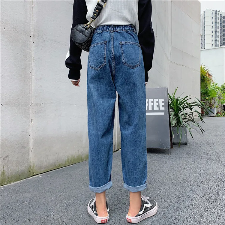 Корейские шикарные синие джинсы женские с высокой талией свободные джинсы для мамы женские осенние большие размеры карманы женские джинсы femme