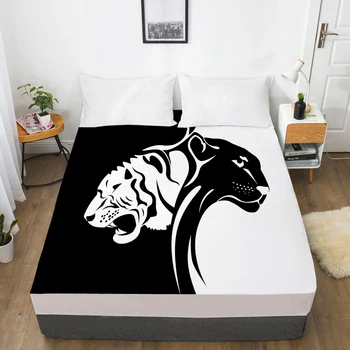 

1PC Fitted Sheets Mattress Cover With Elastic Band 3D Bedsheet Linens 200x220 150x200 Bed Sheet Black and white tiger leopard