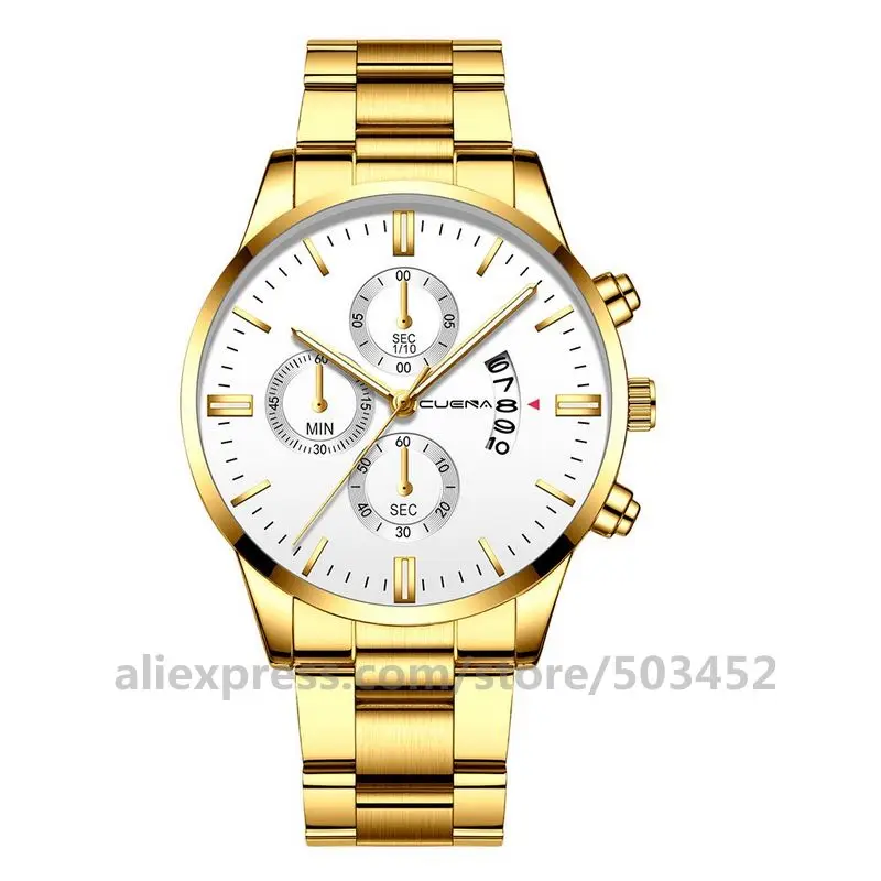 gold white 100 шт./лот CUENA 6801 три глаза модные мужские часы календарь из нержавеющей стали бизнес часы Аналоговые Дата часы наручные часы - Цвет: gold white