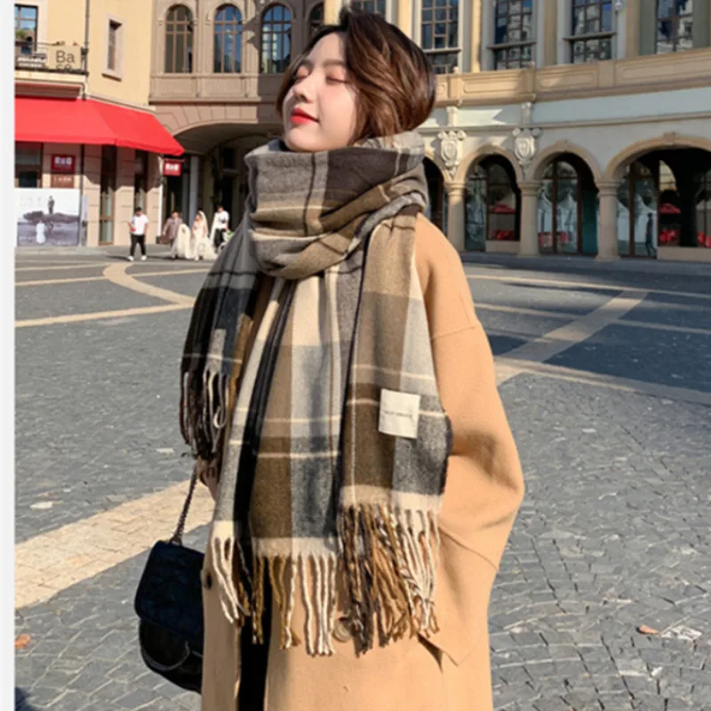 Plaid Scarf Women Autumn Winter Warm Cashmere Double-Sided Shawl Japan and Korea New Sweet Pashmina Stoles Ladies Outdoor Hijab