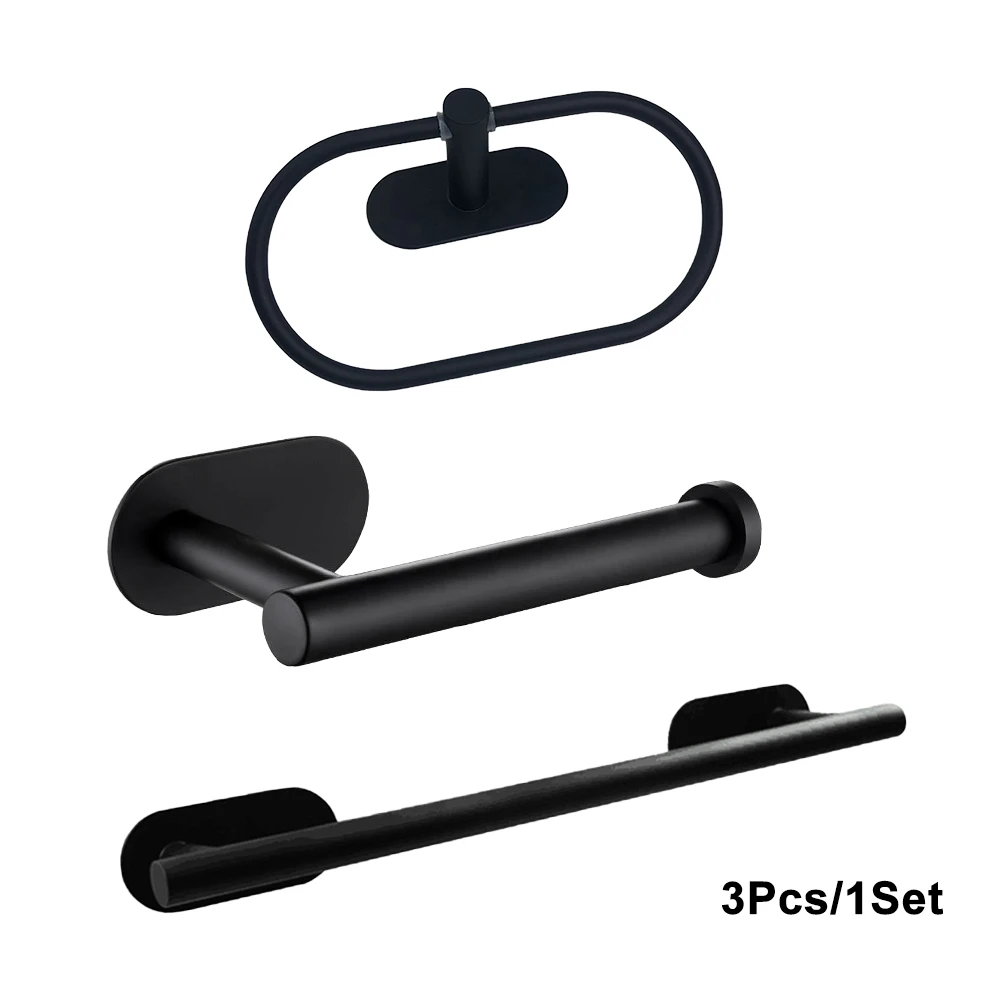 

3pcs Storage Stainless Steel Towel Bar Ring Bathroom Hardware Set Wall Mounted Home Self Adhesive Toilet Paper Holder Rustproof