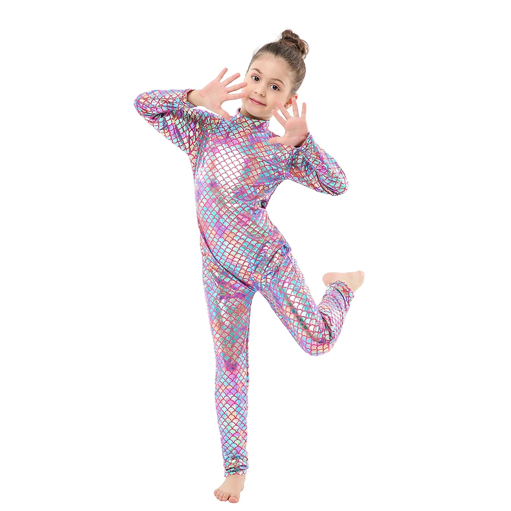 Girls Beauty Fish Skin Cosplay Costume Kids Mermaid Clothes Metallic Faux Leather Rainbow Sequin Baby One Piece Jumpsuit | Тематическая