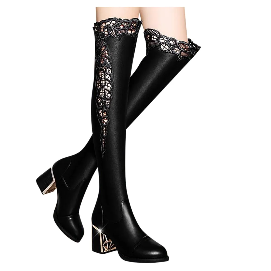 Women Embroidered Lace Knee Bare Boots Square High Heel Casual Long Tube Booties Lady Sexy Over Knee Thigh High Boots Woman