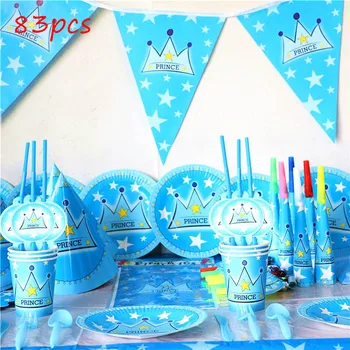 

For 10 People Use Blue Prince Crown Theme 83 pcs Cartoon Happy Birthday Party Pink Paper Cup Plate Napkin Disposable Tableware
