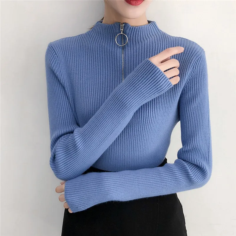 Модный женский топ трикотажная рубашка с длинным рукавом свитер с высоким воротником Элегантная блузка - Цвет: Blue