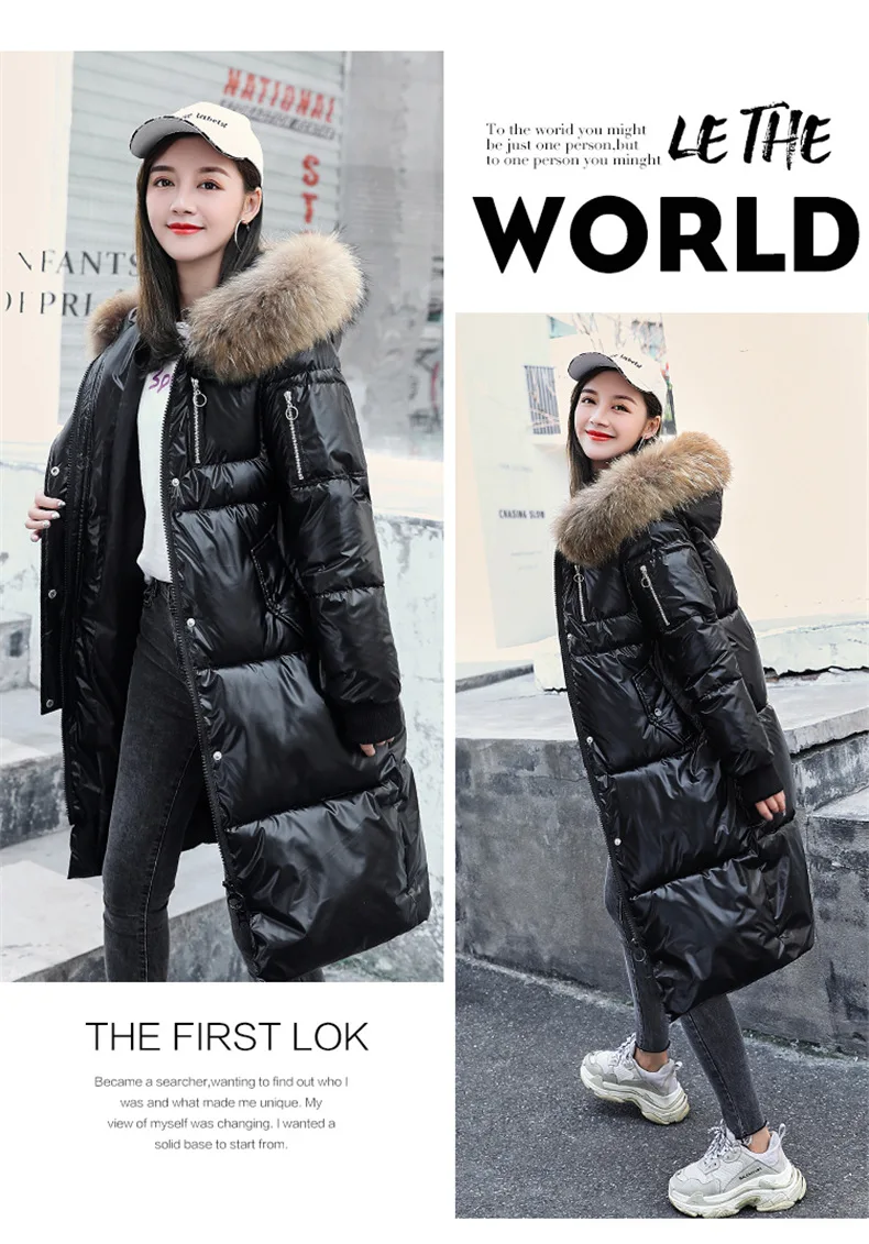 Глянцевая Новинка, Зимняя женская куртка, теплая, утолщенная, с капюшоном, с мехом, длинное пальто, блестящая ткань, стильная женская парка, пальто