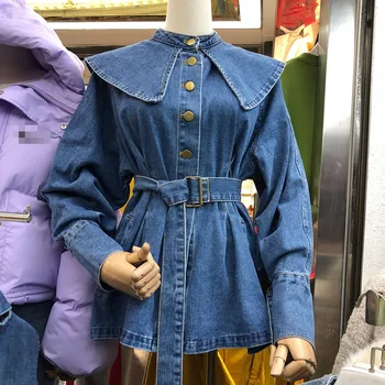 

2020 Spring New Korean Jeans Blouse Female Long-Sleeve Doll Large Lapel Thin Denim Shirt Jacket Women's Jean Shirts Coat Femme