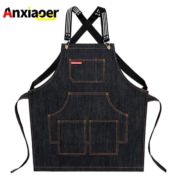 

Apron denim Korean fashion men and women work custom barista milk tea barber shop drawing children print logo