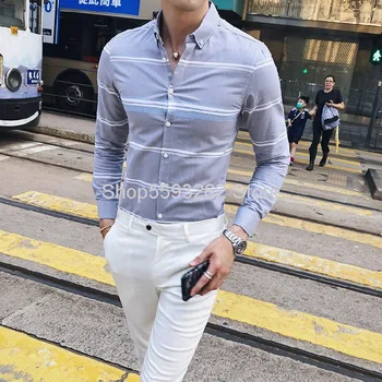 

Hong Kong Brigade Shoot Money Trend Slim Fit Stripes Splicing Shirt Men Leisure Personality Long Sleeve Thin Section Shirt