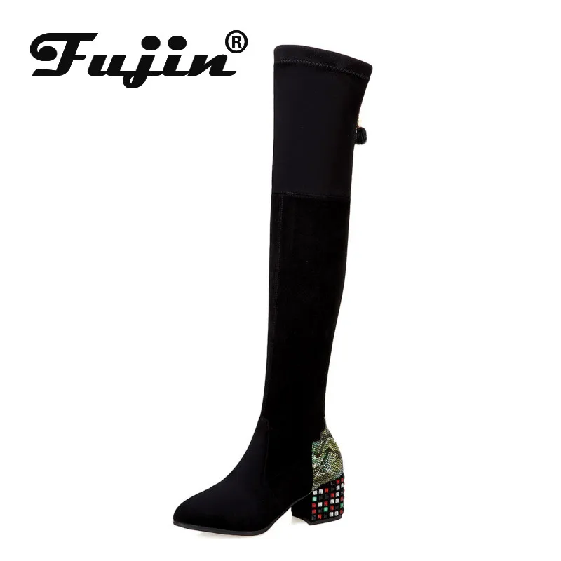 

Fujin Boots Winter Women Stretch Pointed Toe Dropshipping High Heels Thigh High Fabric Square Heels Over The Knee Causal Boots