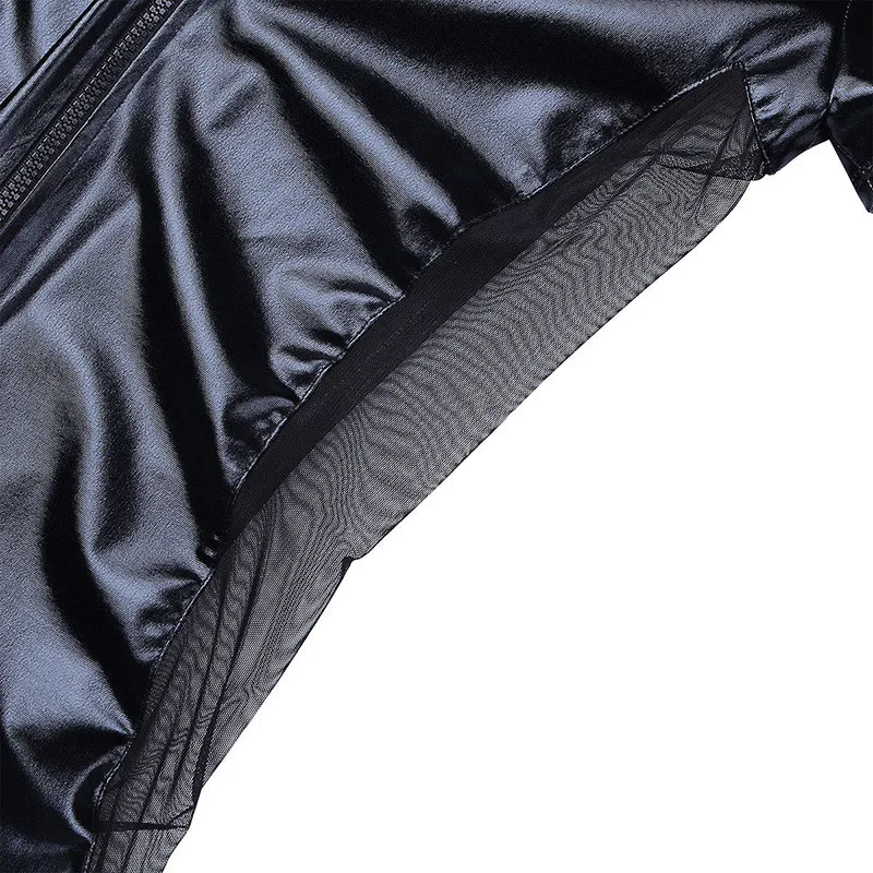 Mens Black Mesh Patent Leather Zipper Bodysuit Sexy Short Sleeve Open Crotch Skin Tight Catsuit Male Clubwear Costume Plus Size men underwear