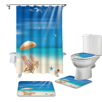 

Beach Chair Seagull Conch Starfish Shower Curtains Set Waterproof Shower Curtain Bathroom Set with Shower Curtain and Rugs