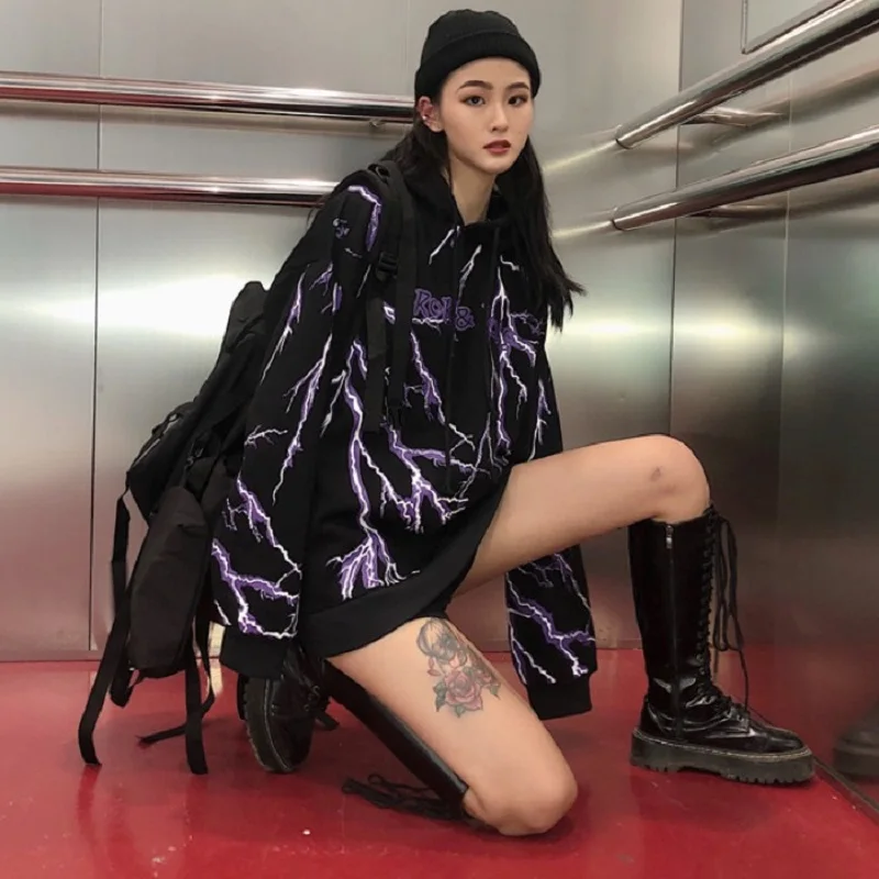 Осенне-зимняя женская Корейская уличная Толстовка ins Harajuku с капюшоном и темным принтом молнии, модная Свободная Женская толстовка