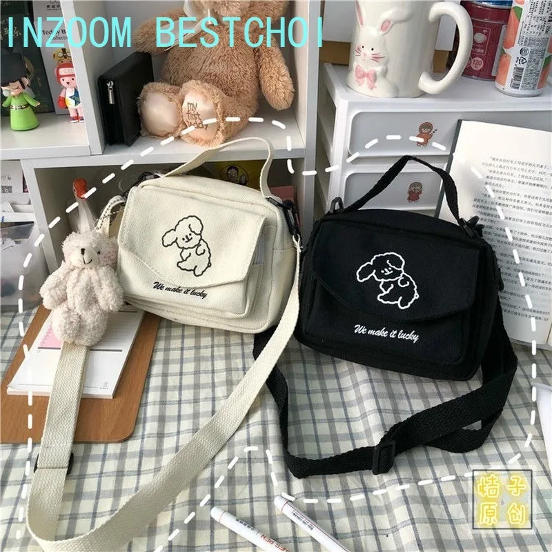 Ladies Fashion Canvas Small Square Bag Korean Version Multifunctional Cute Dog One-shoulder Diagonal Mobile Phone Package