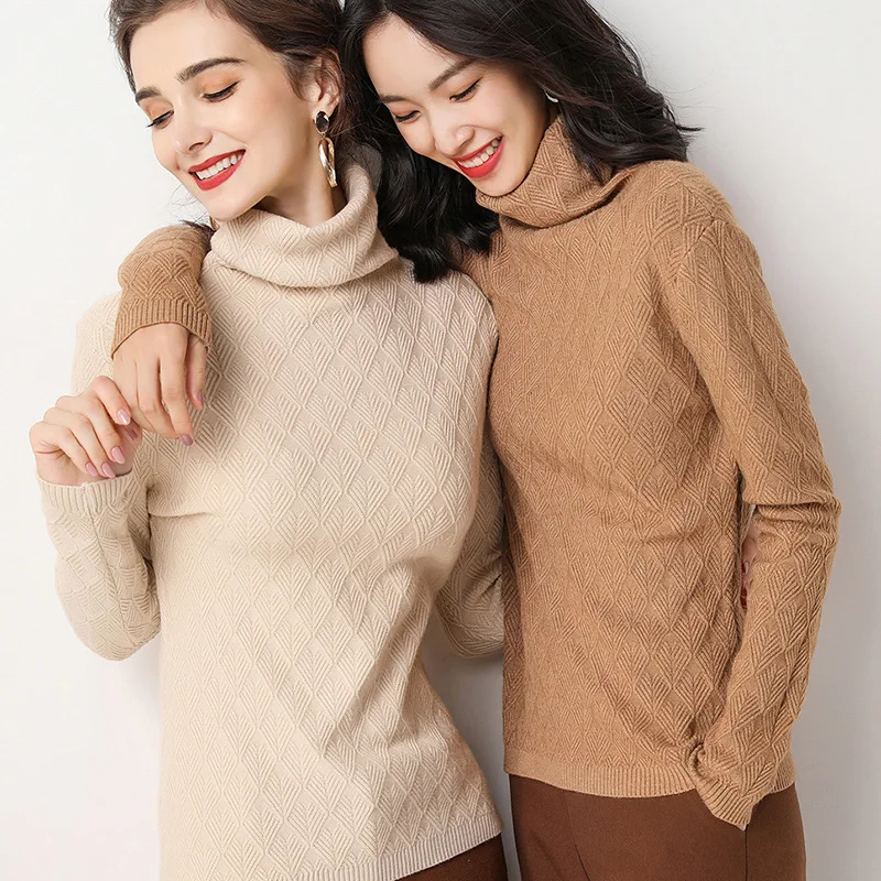 

2018 Autumn And Winter New Style Rhombus Core-Spun Yarn WOMEN'S Sweater Pullover High Collar Versatile Knit Low Waist Jersey