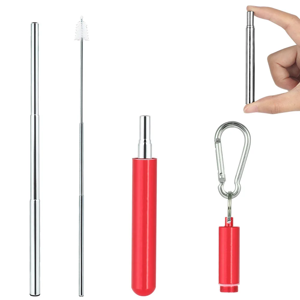 Многоразовая Выдвижная соломинка из нержавеющей стали, металлическая соломинка, телескопическая соломинка, Набор щеток для чистки, для путешествий на открытом воздухе - Цвет: Красный