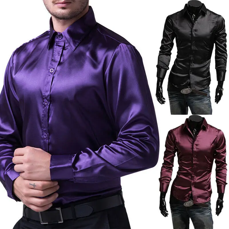 Модная блестящая шелковистая атласная рубашка, роскошные шелковые мужские повседневные рубашки, шелковые атласные мужские рубашки с длинным рукавом, облегающие рубашки