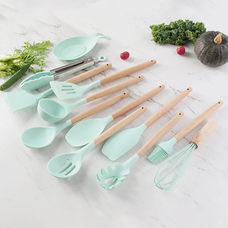 

YOMDID Food Grade Silicone Kitchen Cooking Utensils Practical Cooking Tools Turner Spatula Spoon With Wooden Handle Kitchenware