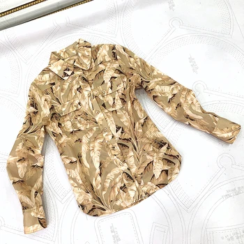 

Top Quality Leaf Print Linen Blouses 2020 Spring New America Fashion Double Pockets Front Casual Branded Shirts and Tops