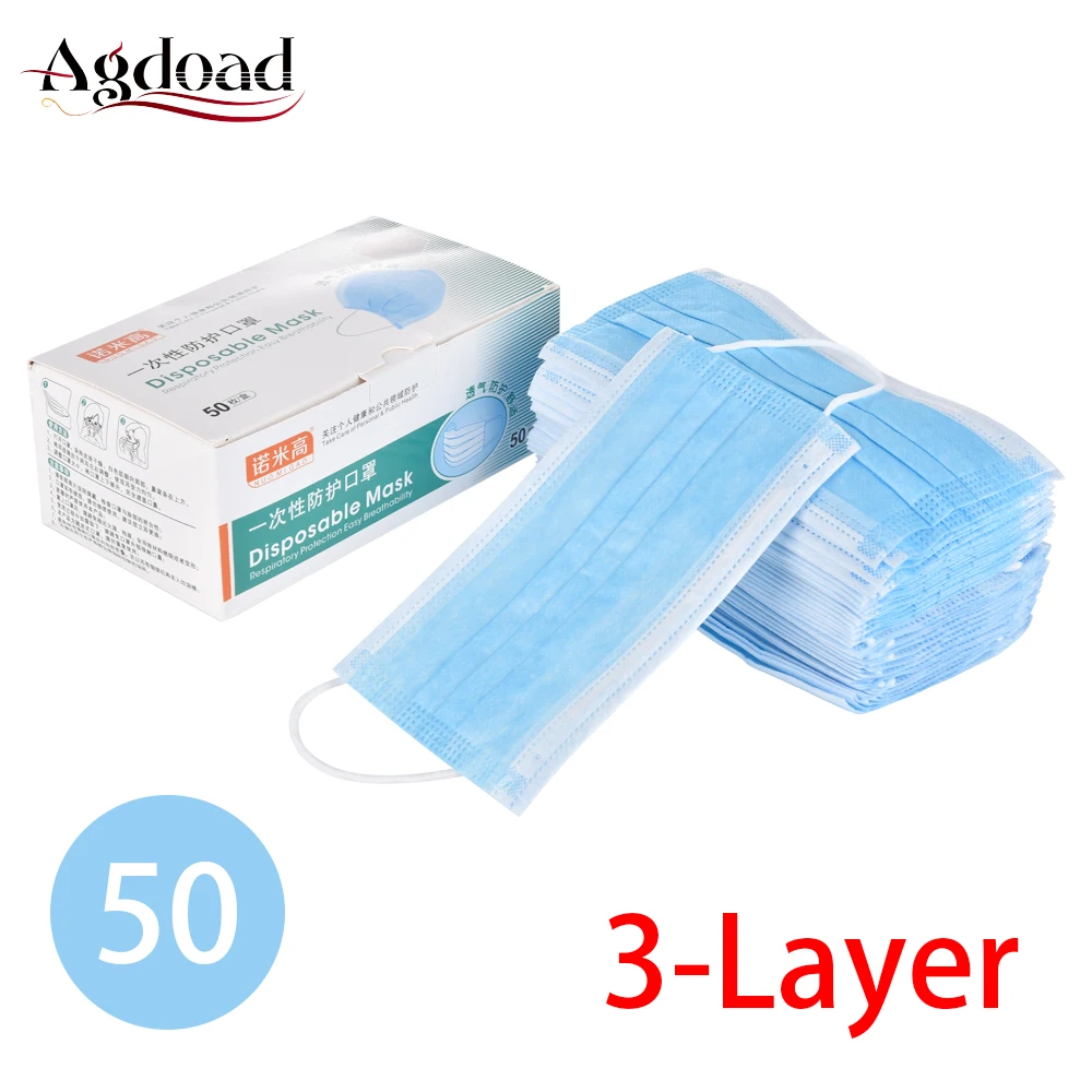 

50pcs Blue Prevent Bacteria Disposable Mouth Face Mask One Time Use Three-Layer Filter Unisex Anti-dust Mouth Nose Proof Masks