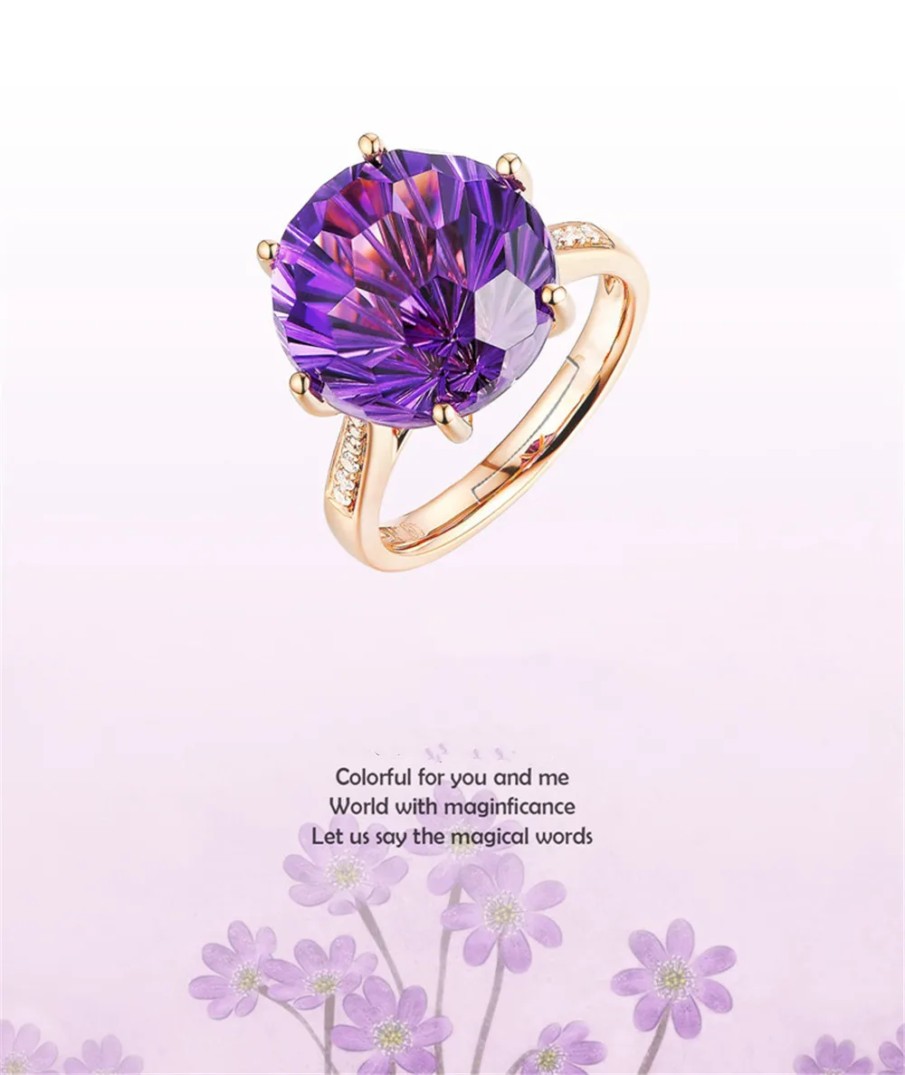 Кольцо с аметистом и кристаллами для женщин, обручальное, большой цветной камень, ювелирные изделия невесты, роскошное 18 К розовое золото, цветное кольцо с крапановой закрепкой камня, алмазный подарок
