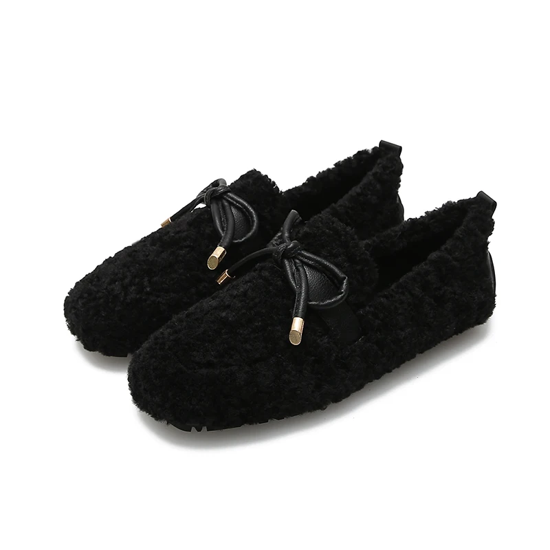 Зимние лоферы; женские мокасины из овечьей шерсти; теплые уличные балетки на плоской подошве с мехом; мягкая обувь для медсестры - Цвет: 999-9 black