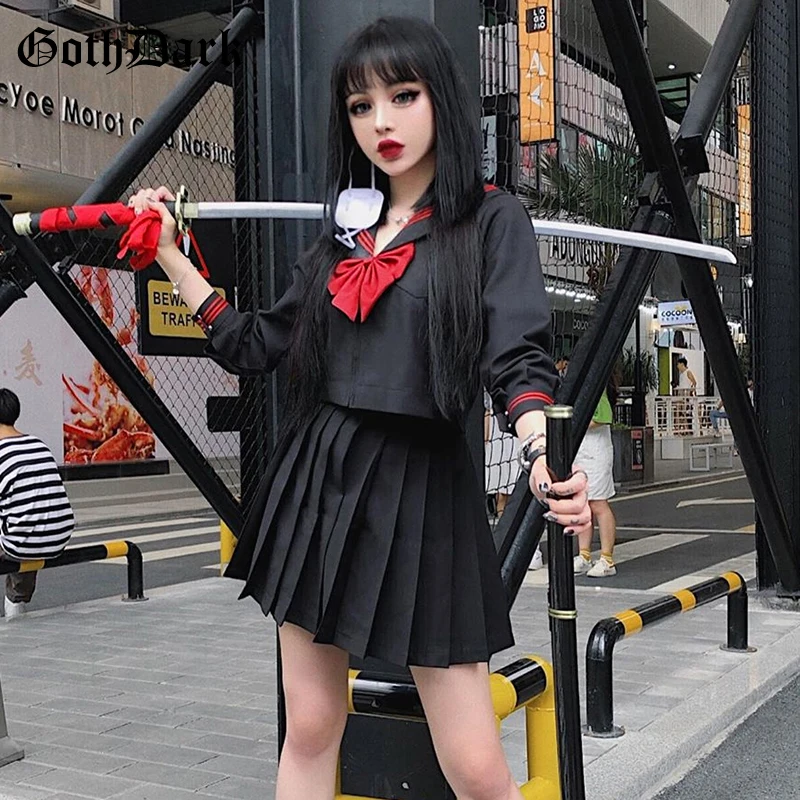 Готический женский набор готический темно-черный гранж-Панк Harajuku эстетический плиссированный бант осень с длинными рукавами комплект из двух предметов Мода