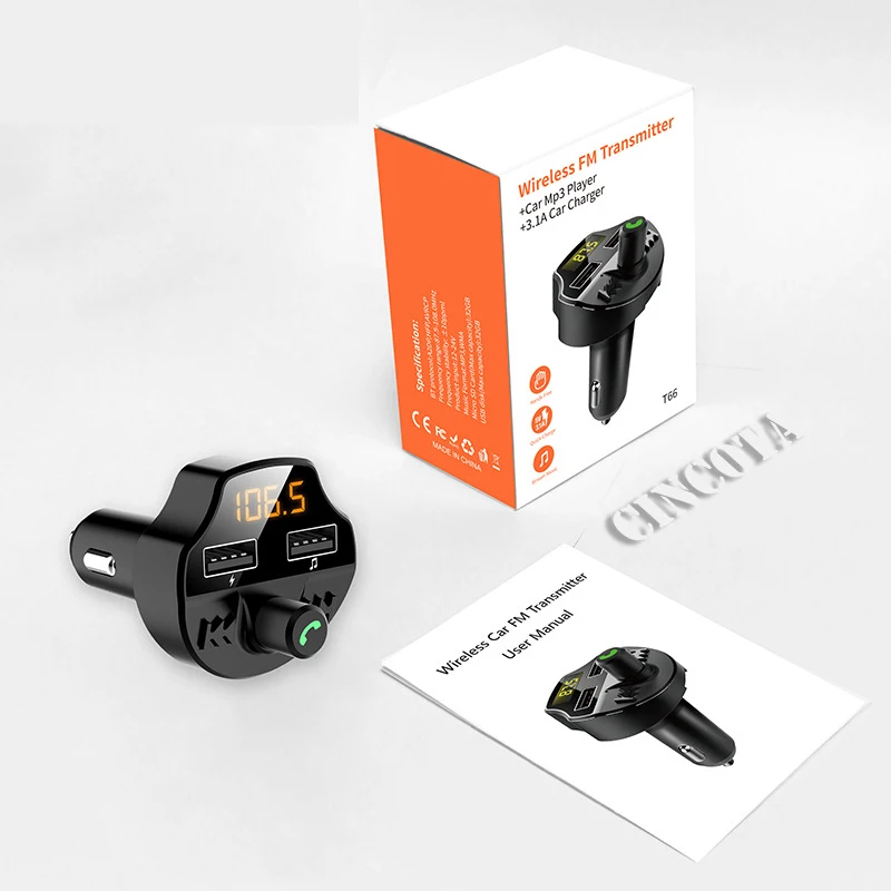 Fm-передатчик Bluetooth 5,0 Автомобильный MP3-плеер адаптер батарея Снижение напряжения шума TF карта hands-free Dual USB зарядное устройство DFDF - Формат цифровых медиаданных: T66