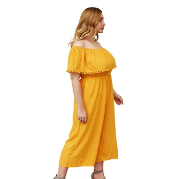

woman's Summer Plus Size Yellow Wide Leg Jumpsuit Casual Loose Ruffle Romper Large Size Off Shoulder Office Lady Beach Jumpsuits
