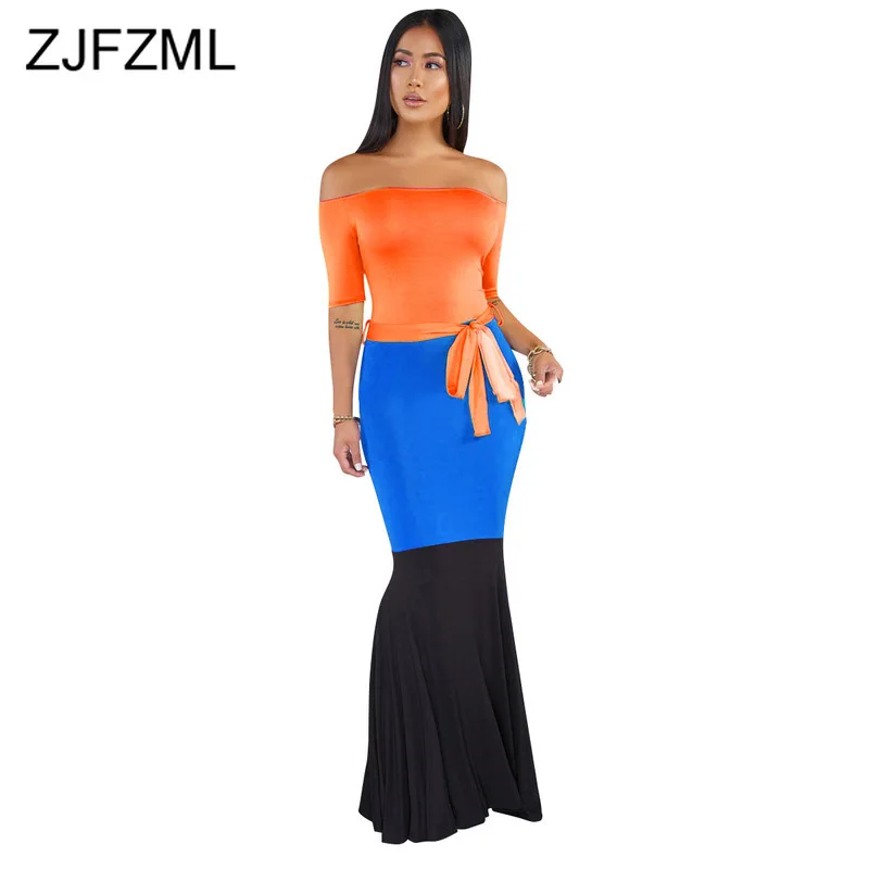 

Contrast Color Slash Neck Sexy Long Mermaid Dress Women Backless Floor Length Party Dress Summer Tie Bow Bodycon Maxi Dresses