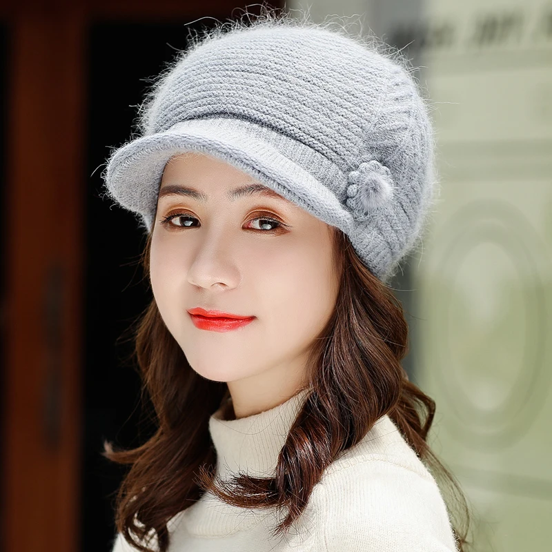 Зимняя женская шапка с помпоном из кроличьего меха, женская зимняя шапка, вязаные шапки Скалли бини, женский головной убор из плотной ткани