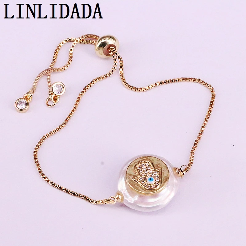 8Pcs New Cubic Zirconia Micro Pave Charm Round Freshwater Pearl Connector Bead Link Bracelet For Women Girl