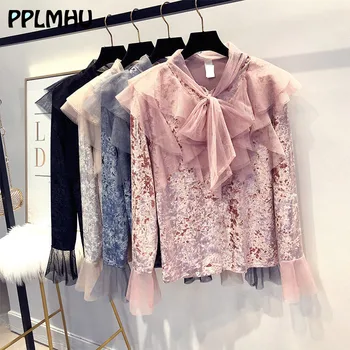 

Elegant Ruffle Bow Top Sweet Pink Lace Mesh Velvet Splice Shirts Plus Size Retro Long Sleeve Women Casual Black White Blouses
