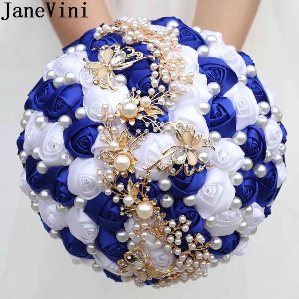 JaneVini Sumptuous Diamond Bride Satin Rose Beaded Pearls Crystal Wedding Flowers Rhinestone Bridal Bouquet with Gold Butterfly