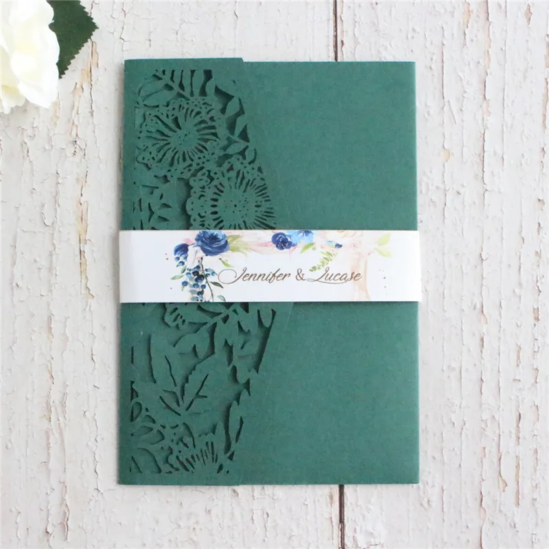 

Rustic wedding invitations marriage quinceanera dark green leaf flower laser cutting custom printing multi colors weeding supply