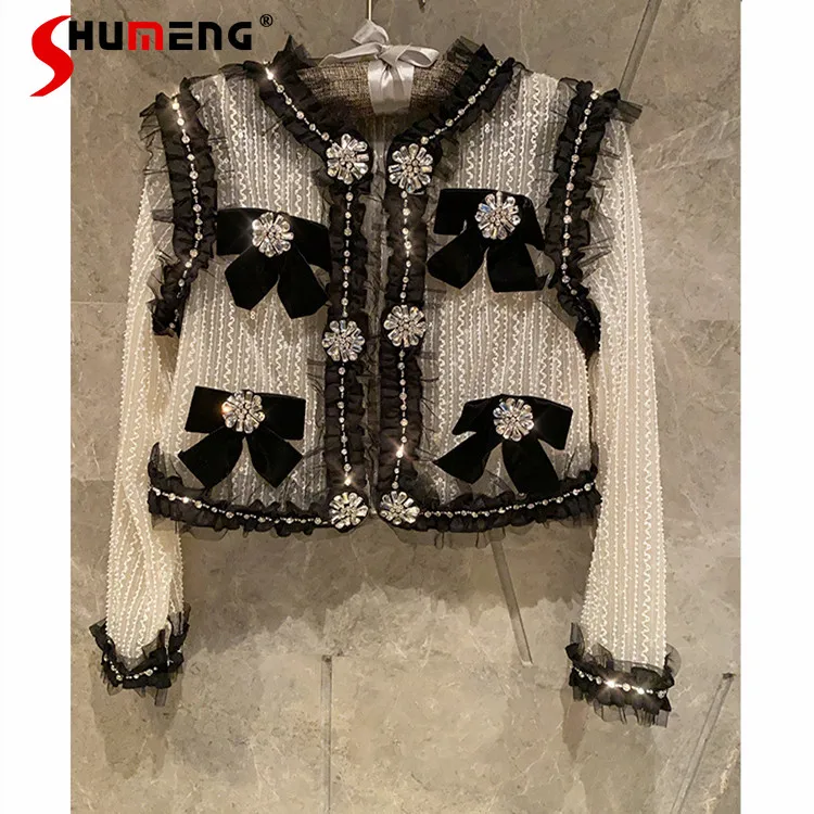 Women's Graceful Beads Rhinestones Sequins Bow Floral Coats Female Summer French Short Cardigan Sun Protection Top 2023 Clothing