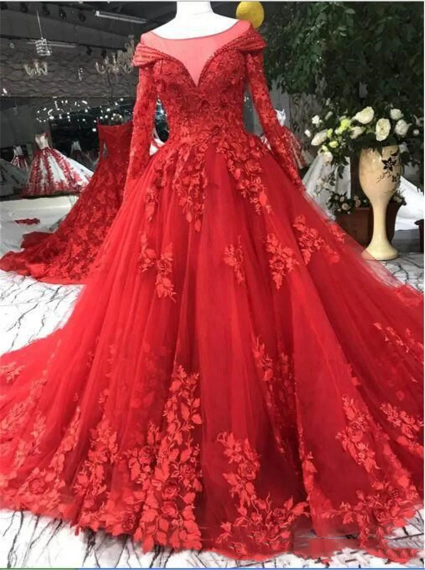 as picture Новейшее бальное платье с глубоким круглым декольте с длинными рукавами на шнуровке с аппликацией Очаровательные платья элегантные платья - Цвет: as picture