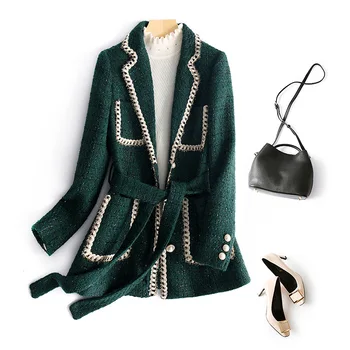 

Women 2019 winter tweed blazer top quality color block chain trim notched collar pearls button sashes elegant office outerwear